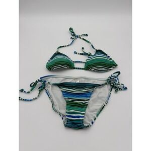 Blue Green Black & White Stripe String Bikini Swimsuit-XS-Y2K Style-NWOT
